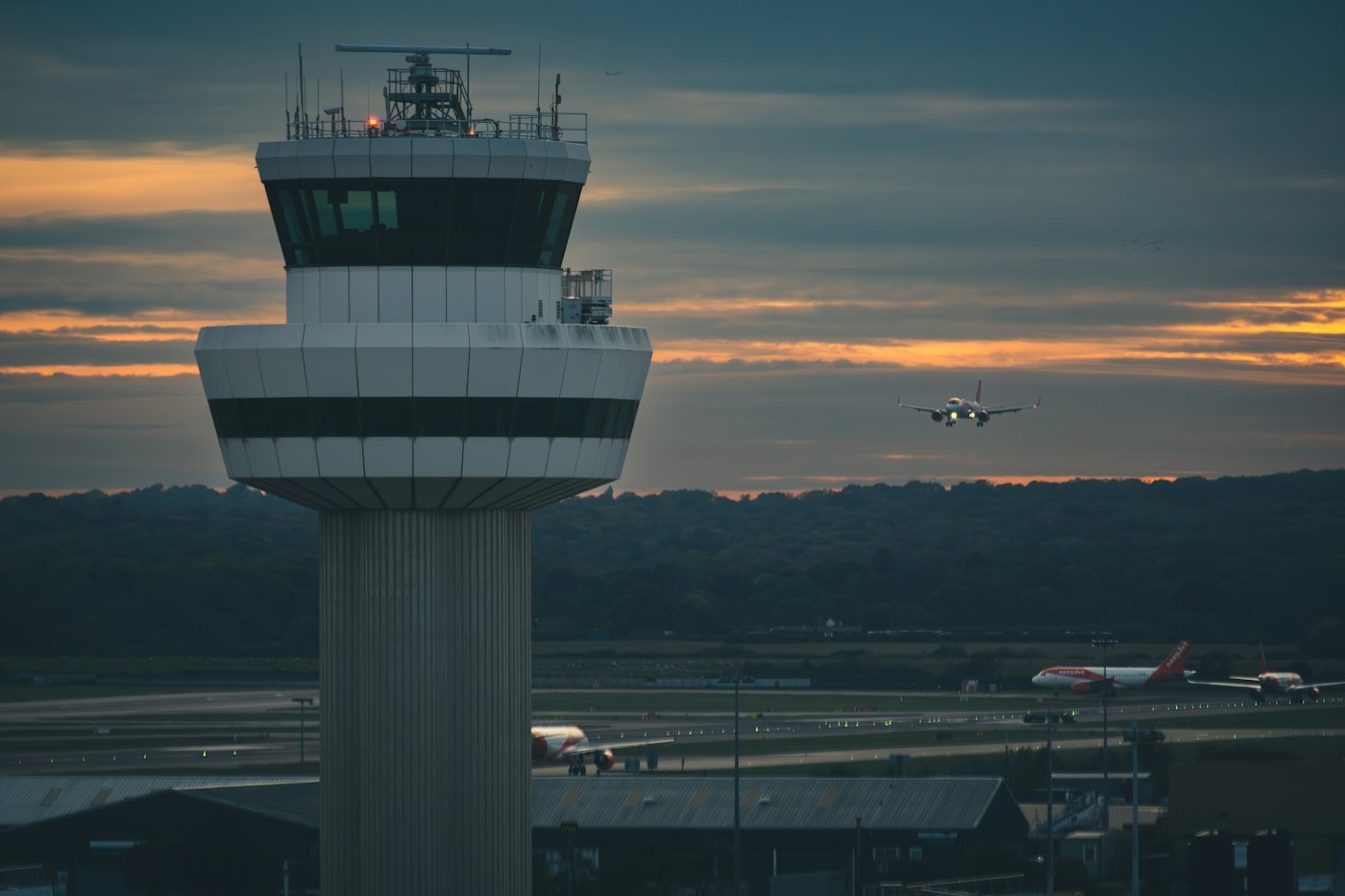Airport control tower at dusk